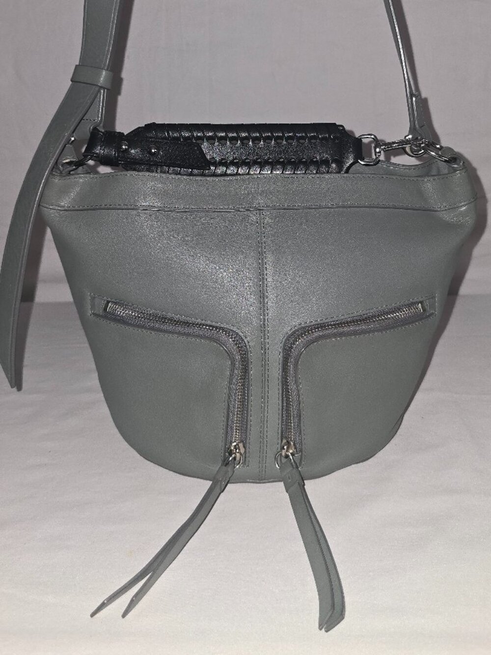 All Saints Fetch Mink Gray Leather Crossbody Bag With Whipstitch Top Handle